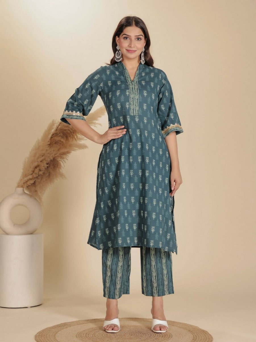 Aramya Blue Soft Cotton Block Print Straight Kurta Set for Women