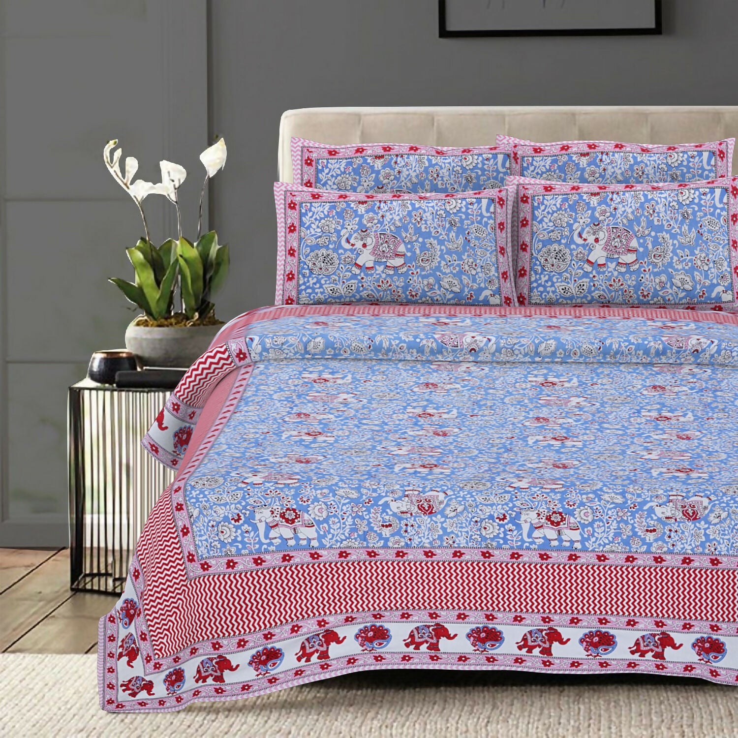 Rudra Bazaar Red Blue 210 TC Cotton Double King Bedsheet With 2 Pillow Covers