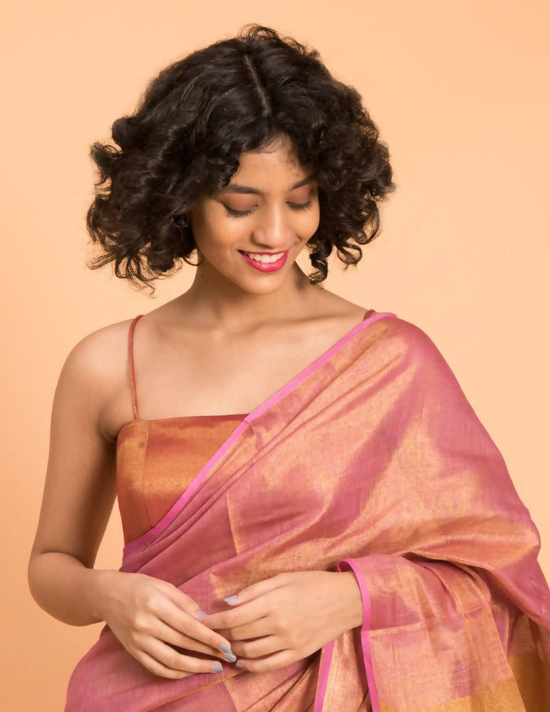 Suta Pink Golden Solid Woven Design Zari Saree