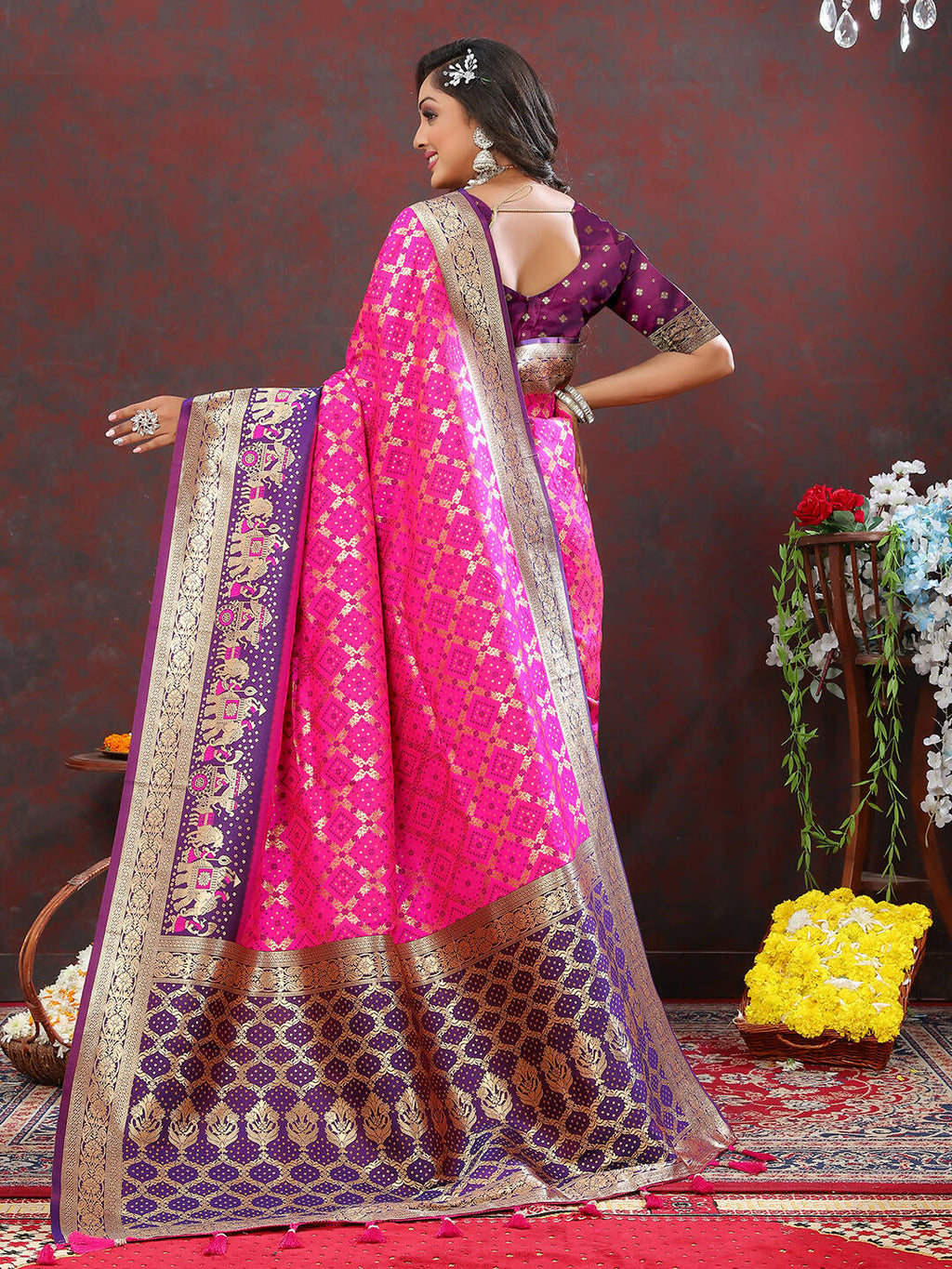 Lorenvalley Fashion Magenta & Wine Patola Silk Woven Design Meenakari Weaving Saree