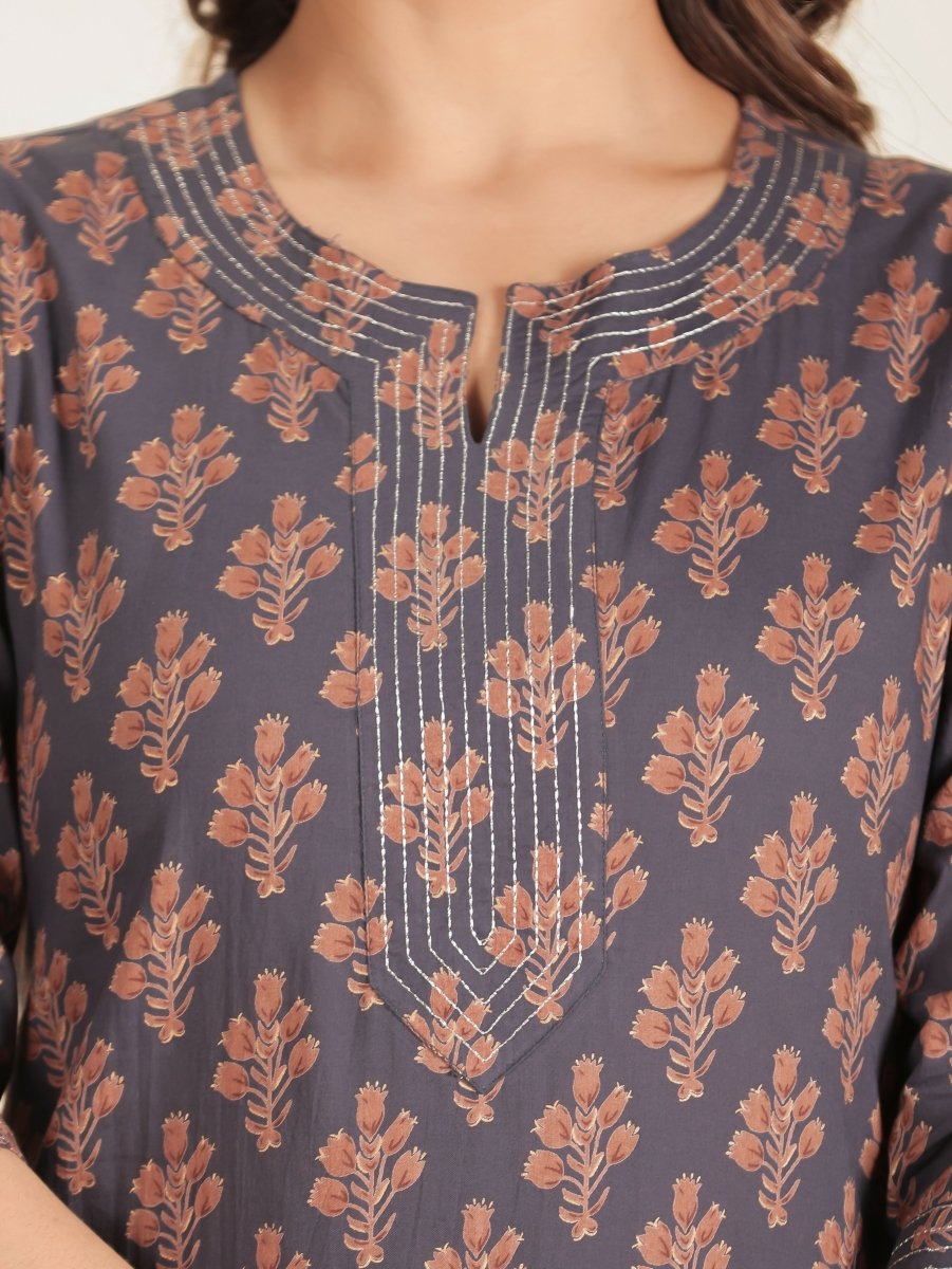 Aramya Straight Soft Cotton Floral Print Women's Kurta - Grey