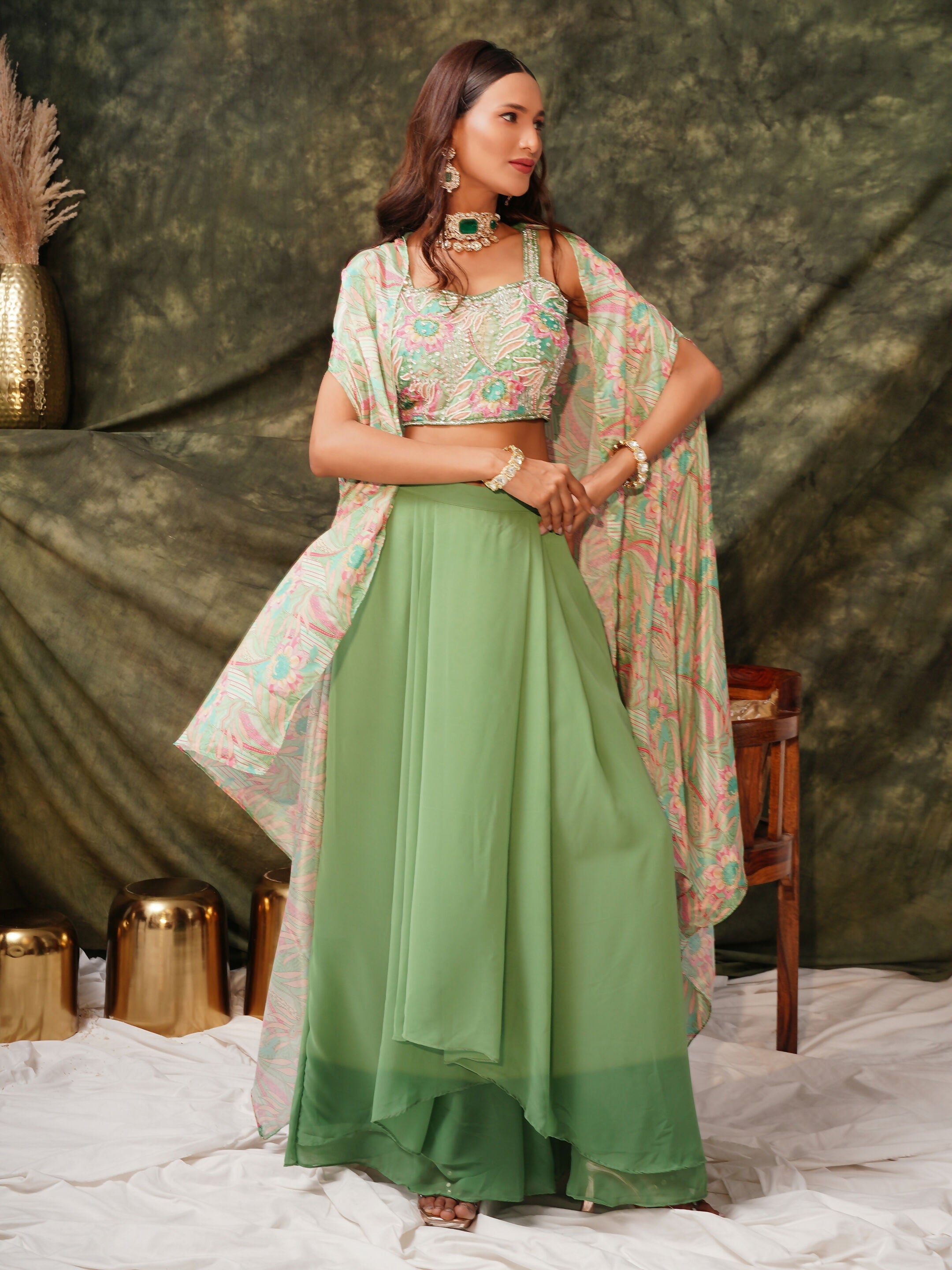 Green Pure Georgette Handwork Top with Skirt & Shrug - Naomika