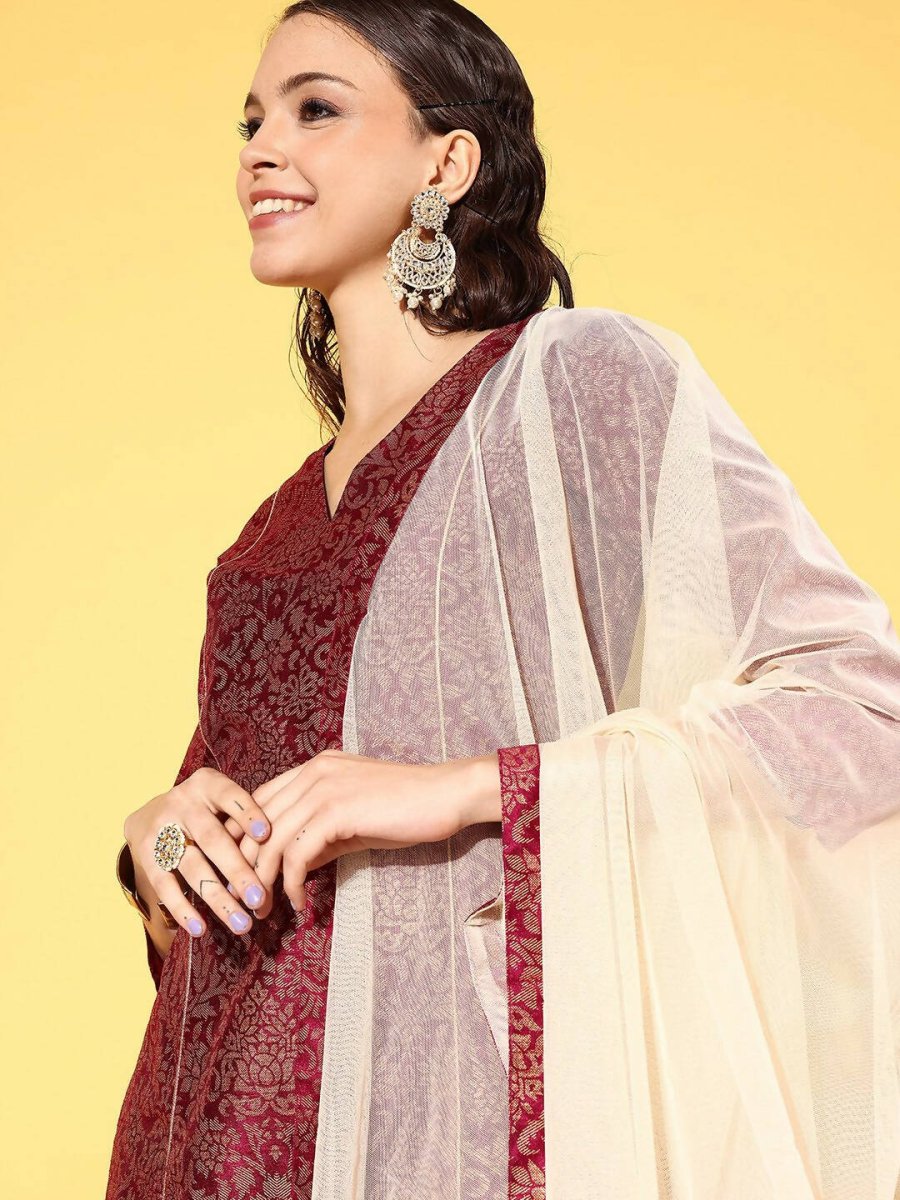 Ahalyaa Women's Wine Colour Poly Silk Gold Paste Printed Kurta Pant Set