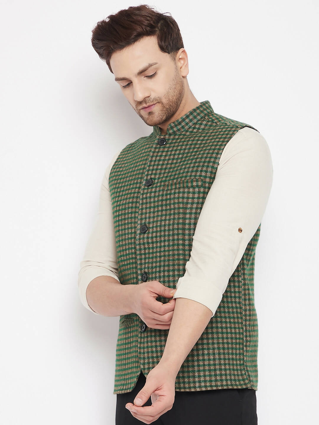 Even Apparels Green Wool Men Woven Nehru Jacket