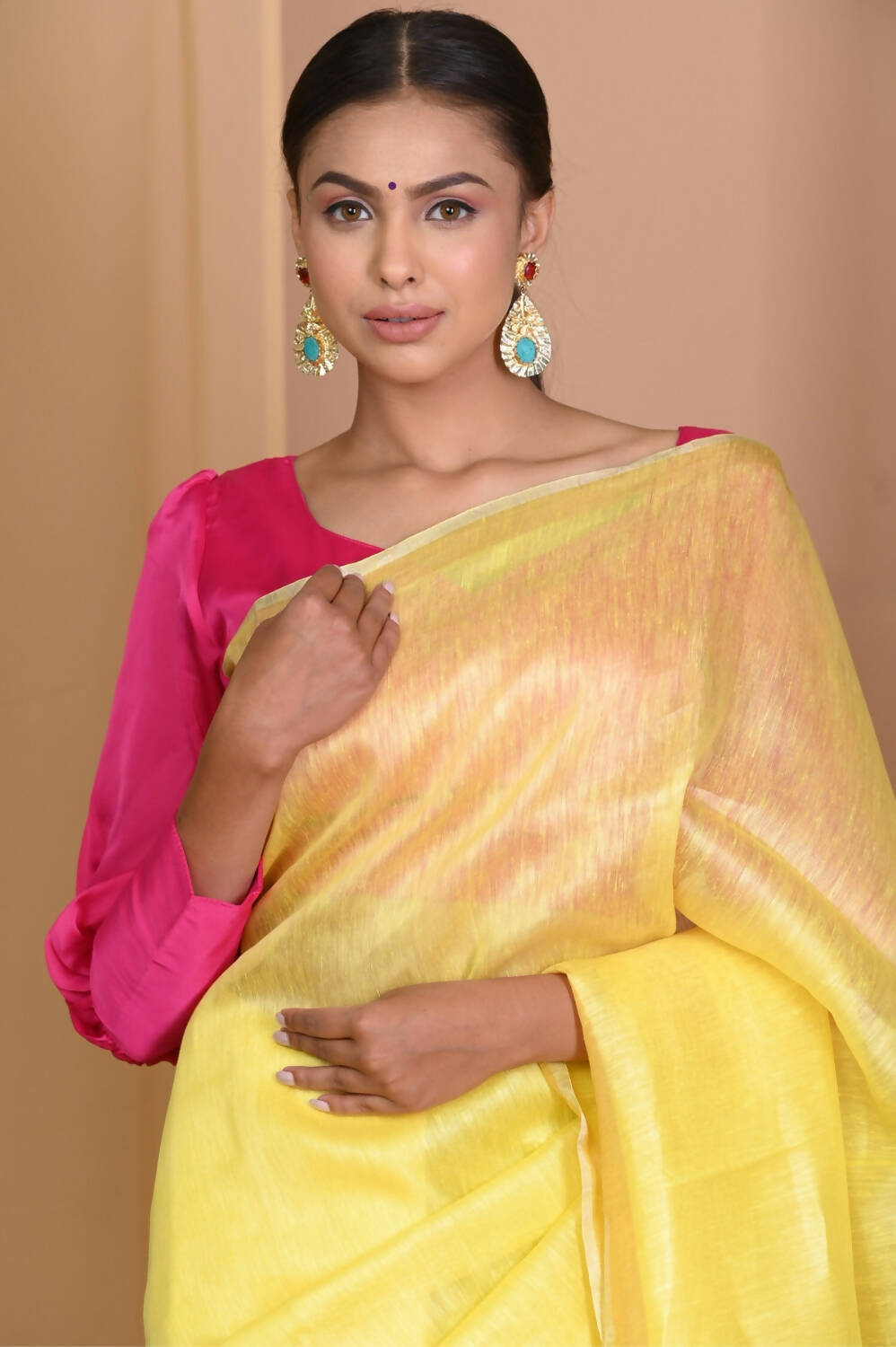 Very Much Indian Pure Linen Silk Saree With Sleek Border - Yellow