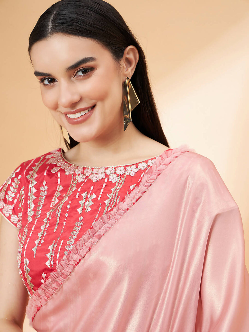 Light Pink Satin Georgette Laser Cut Floral Embroidery , Resham, Zari And Cord Embroidery Saree - Norita Hit Design