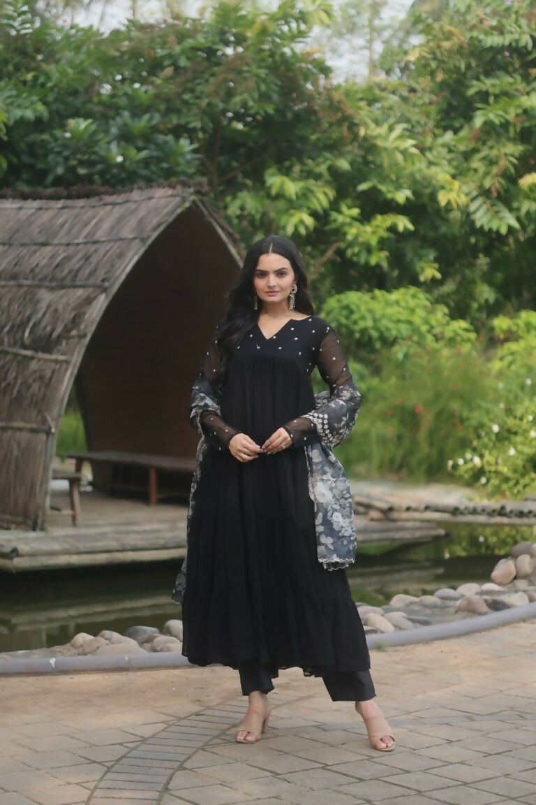 Jyoti Fashion Women's Black Faux Blooming Butti Work Kurta with Trouser & Dupatta