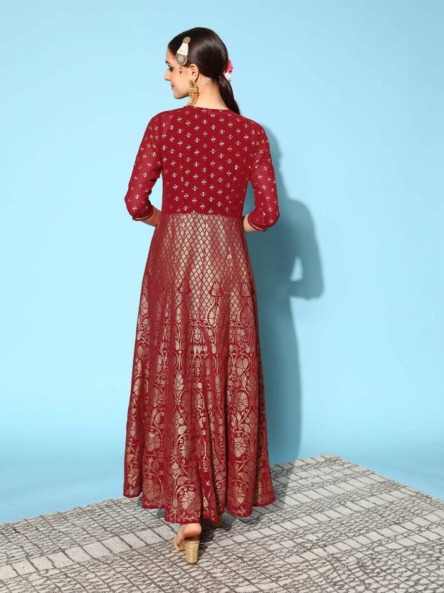 Ahalyaa Women Beautiful Maroon Crepe Brocade Ethnic Dress