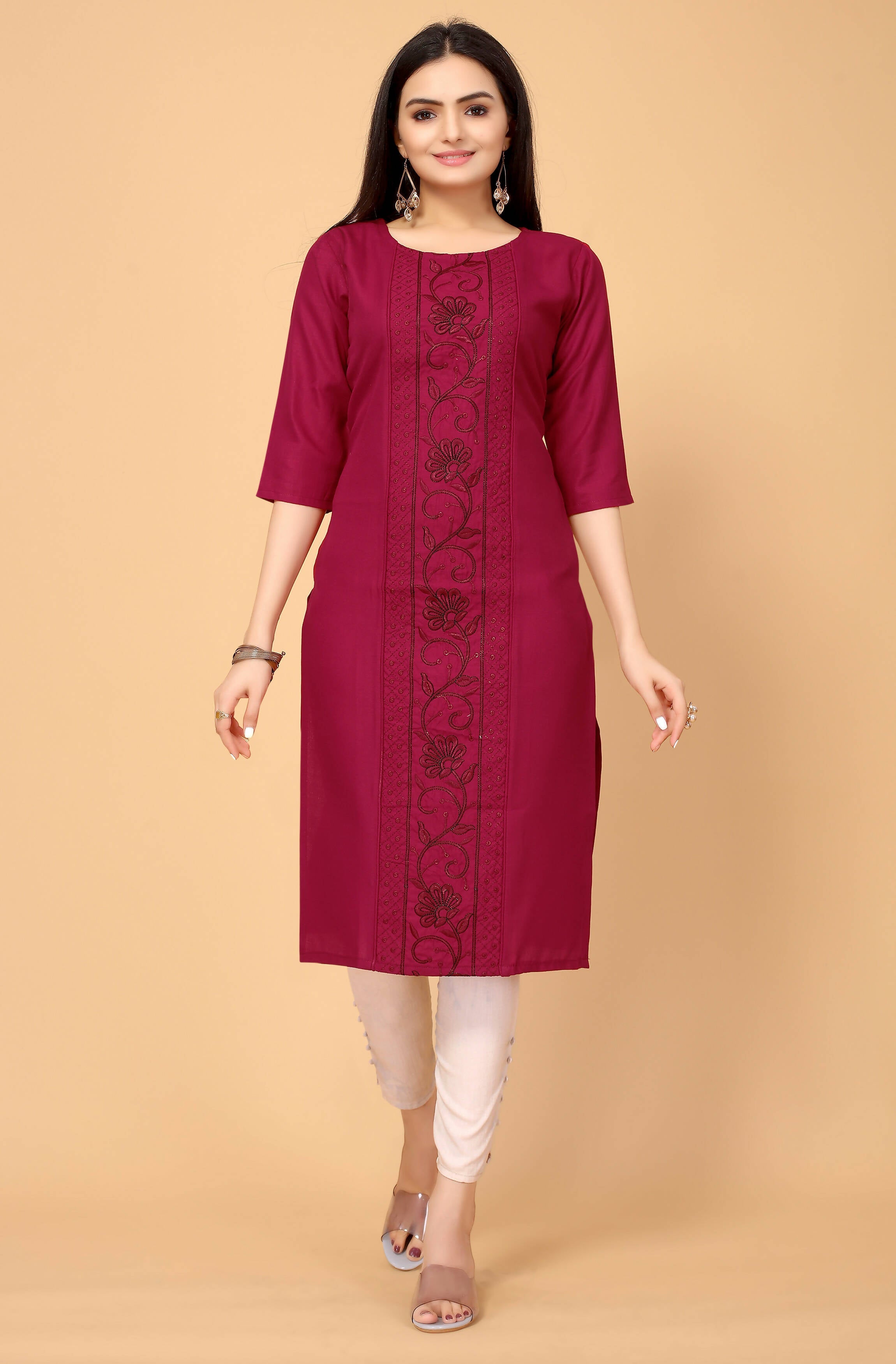 Maroon Cottan Slub Embroidery Kurti - Umi