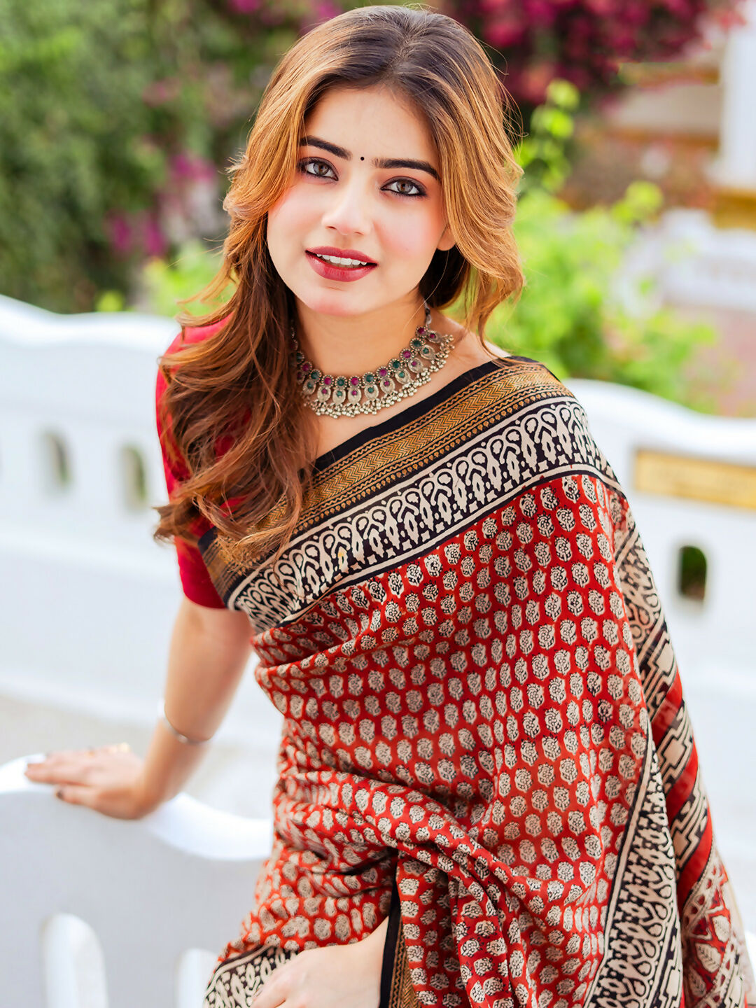 Zibaa Hand-Blocked Pure Maheshwari Silk Red Saree - Small Motifs