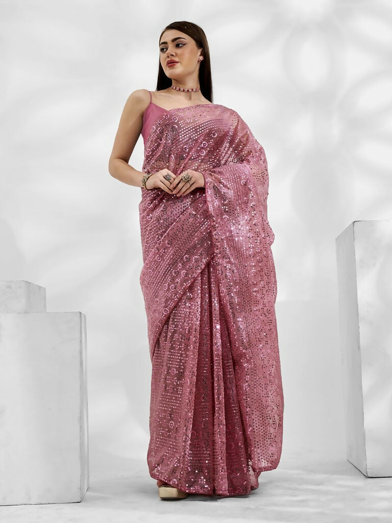 Pink Net Organza Sequance,Thread Embroidery Work Saree with Unstitched Blouse - Vandini