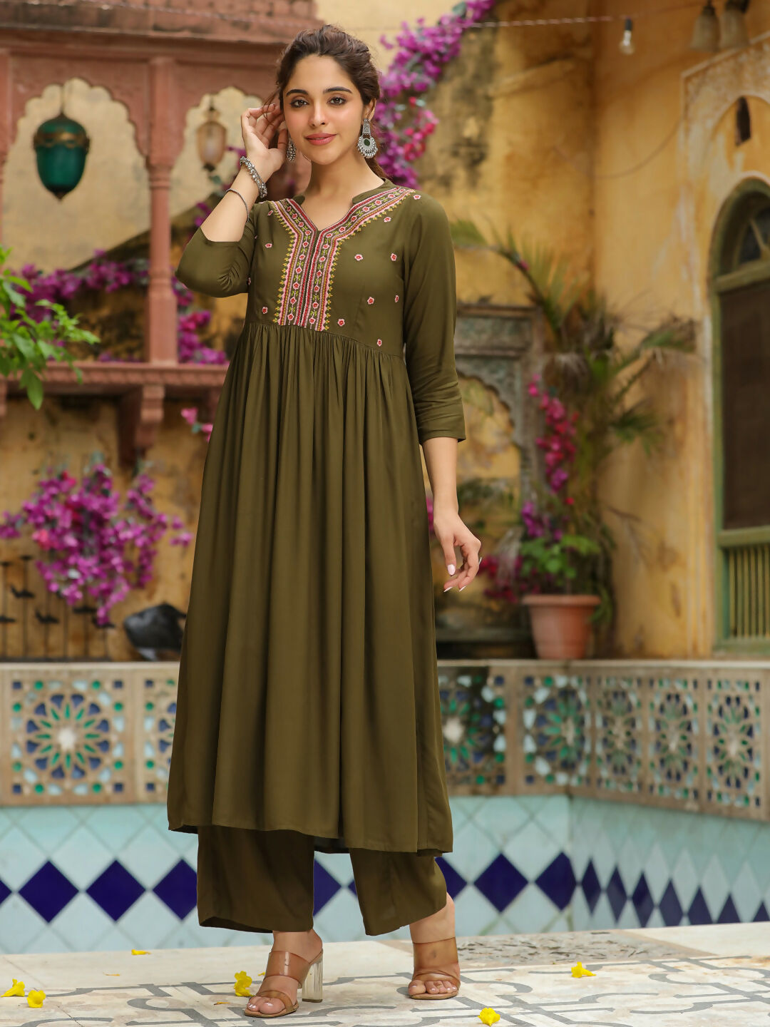 Janasya Olive Rayon Embroidered Kurta & Bottom