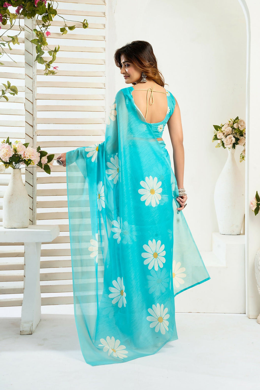 Vastranavya Sky Blue Digital Printed Linen Ready To Wear Designer Saree with Unstitched Blouse