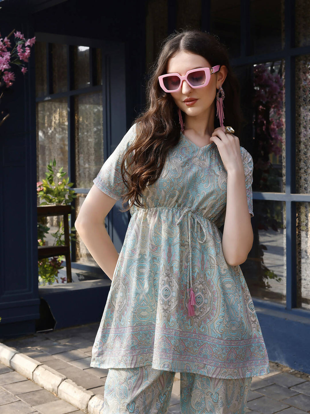 Sky Blue Rayon Paisley & Floral Printed Top with Matching Bottom - Eesha