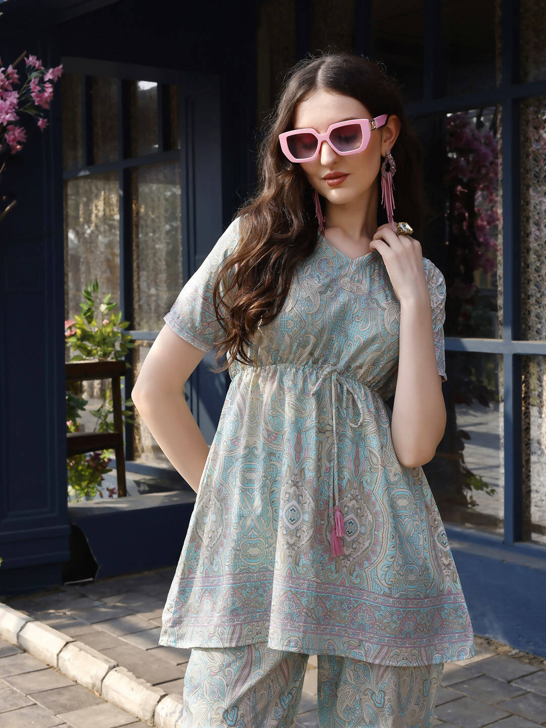 Sky Blue Rayon Paisley & Floral Printed Top with Matching Bottom - Eesha