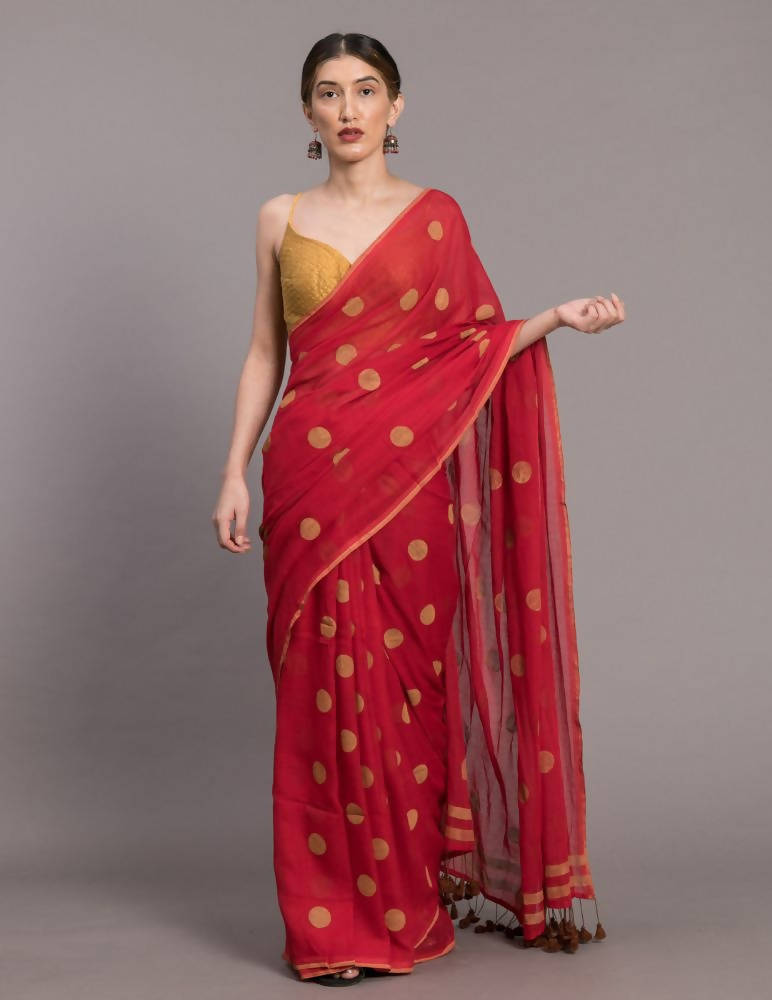 Suta Red Beige Polka Printed Pure Cotton Saree