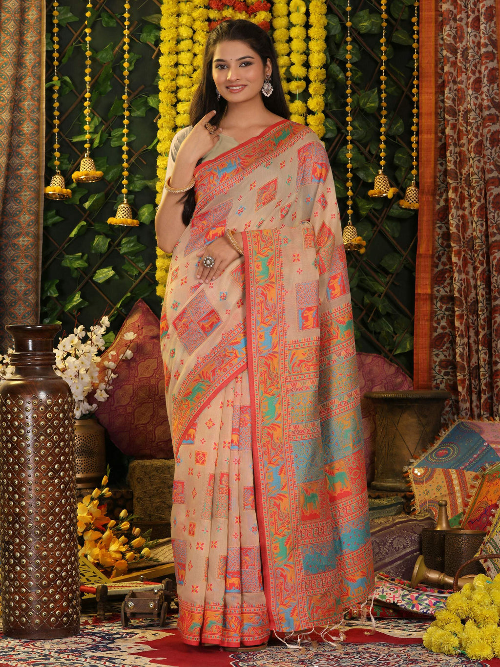 Shree Shyam Fashion Linen Cotton Off White Saree