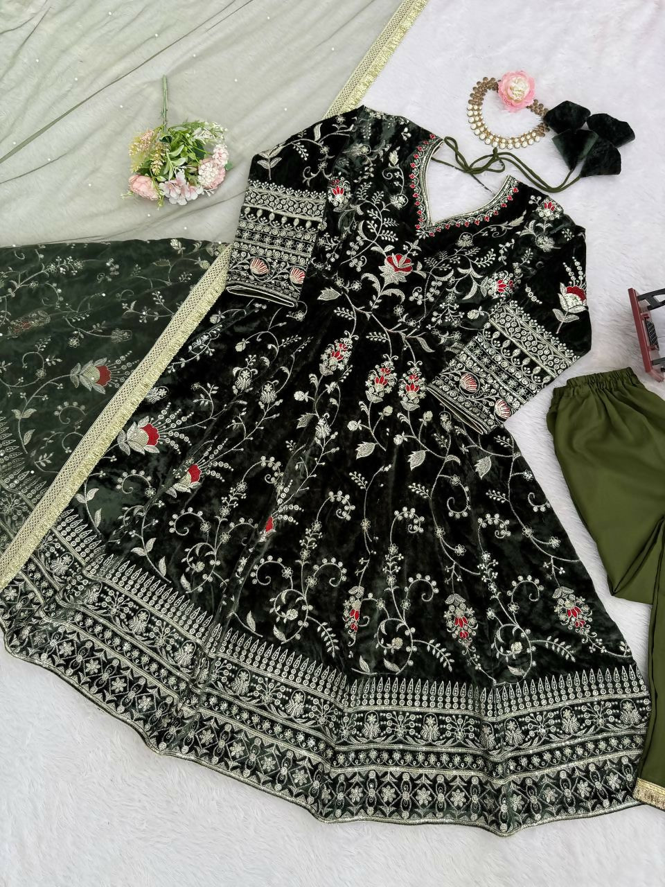 Vastranavya Mehendi Viscose Velvet Thread Sequence Work Top-Bottom With Dupatta