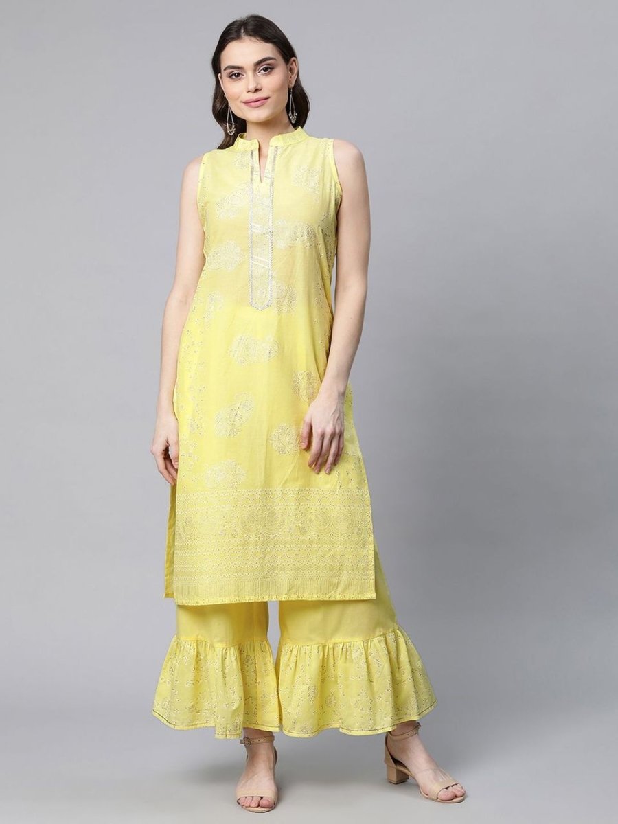 Ahalyaa Women Yellow Colour Pure Cotton Glitter Print Kurta Palazzo Set