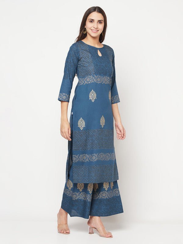 Aniyah Rayon Block Print Blue Straight Kurta Palazzo Set