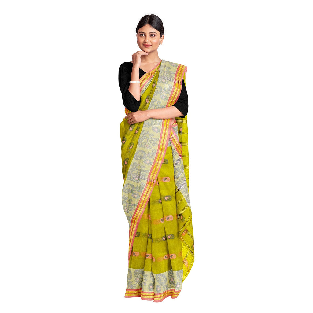 Exclusive Collection 100% Pure Cotton Olive Tant Saree With Hand Weaving Work