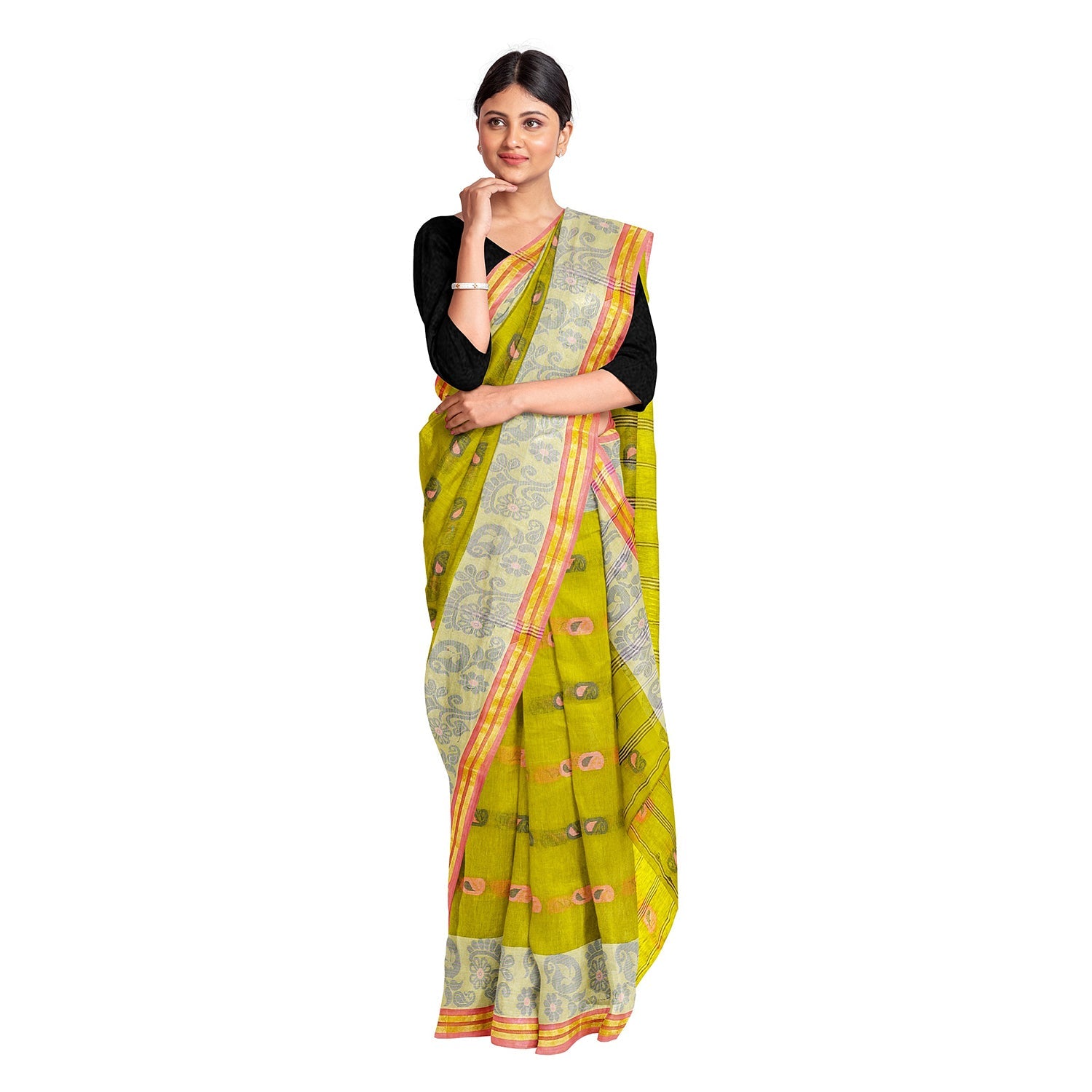 Exclusive Collection 100% Pure Cotton Olive Tant Saree With Hand Weaving Work