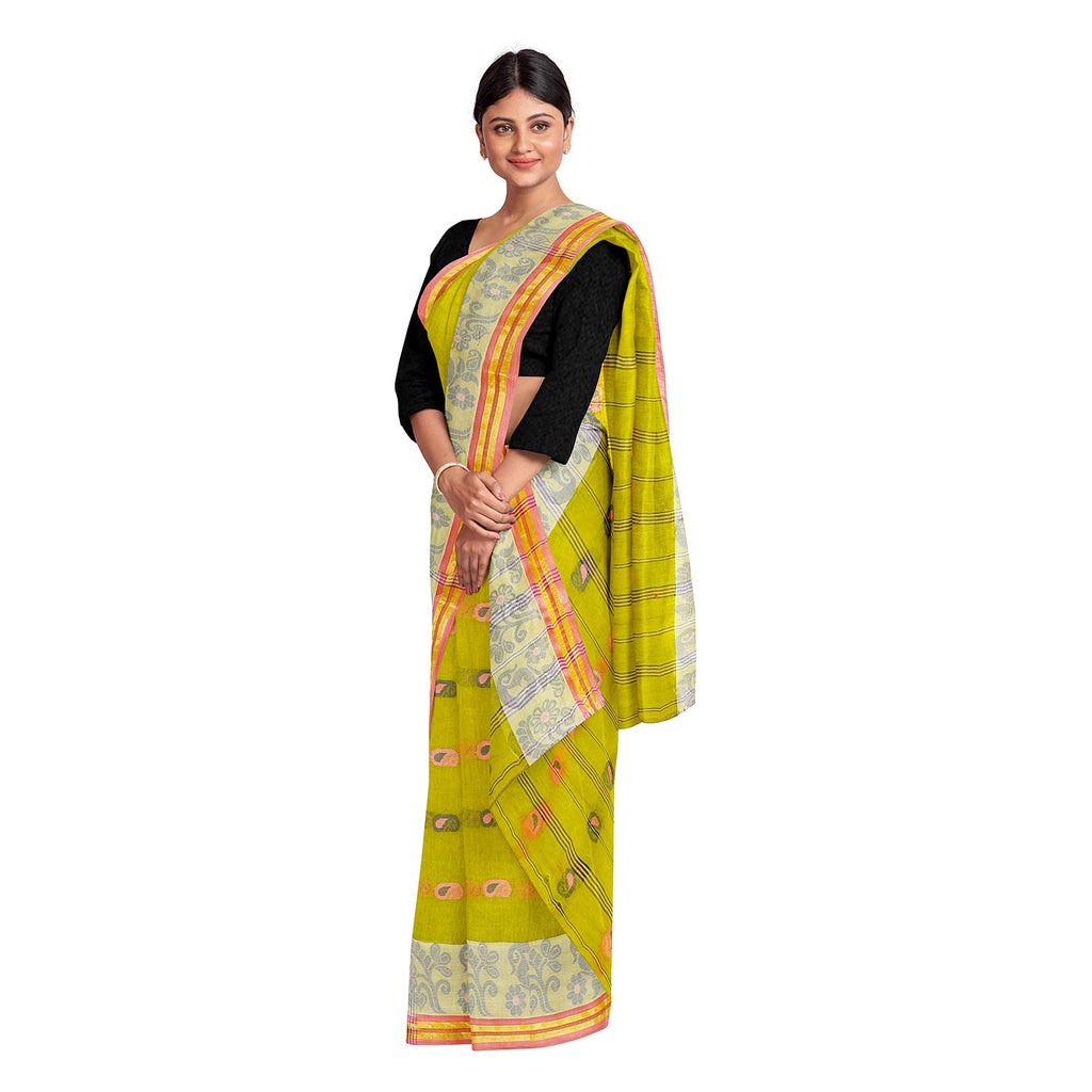 Exclusive Collection 100% Pure Cotton Olive Tant Saree With Hand Weaving Work