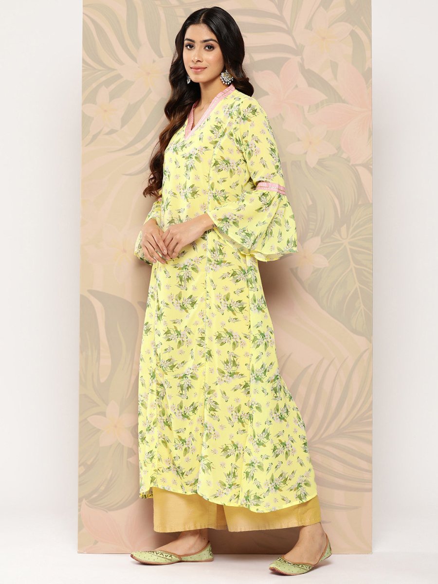 Ahalyaa Floral Printed Bell Sleeves Gotta Patti Georgette Kurta