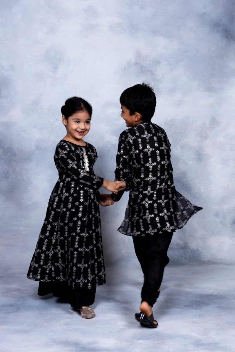Ahalyaa Boys Black Chanderi Gold Printed Kids Kurta Churidar Set