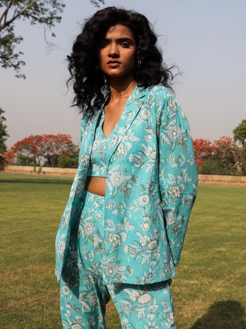 trueBrowns Turquoise Cotton Block Print Pant Suit Set