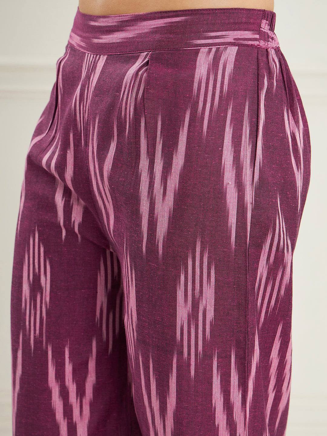 InWeave Women's Wine Ikkat Print V Neck Kurta Pant Set