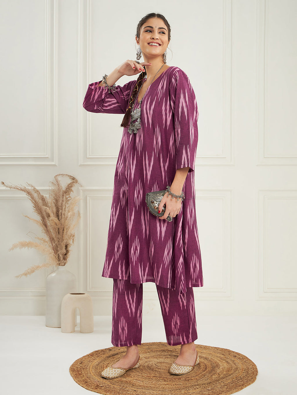 InWeave Women's Wine Ikkat Print V Neck Kurta Pant Set