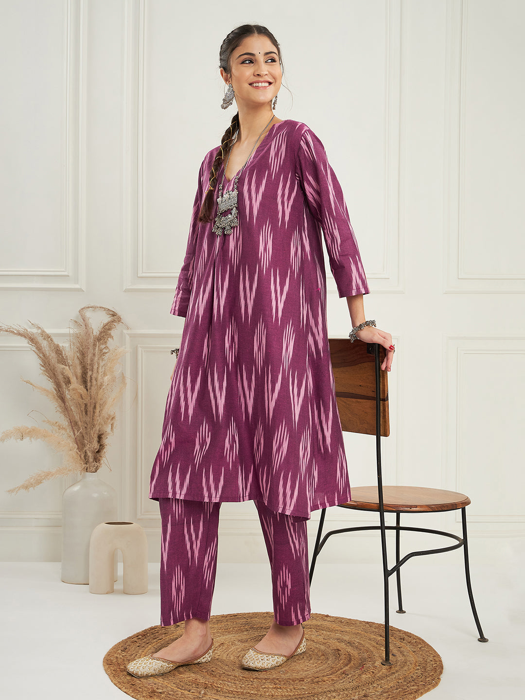 InWeave Women's Wine Ikkat Print V Neck Kurta Pant Set