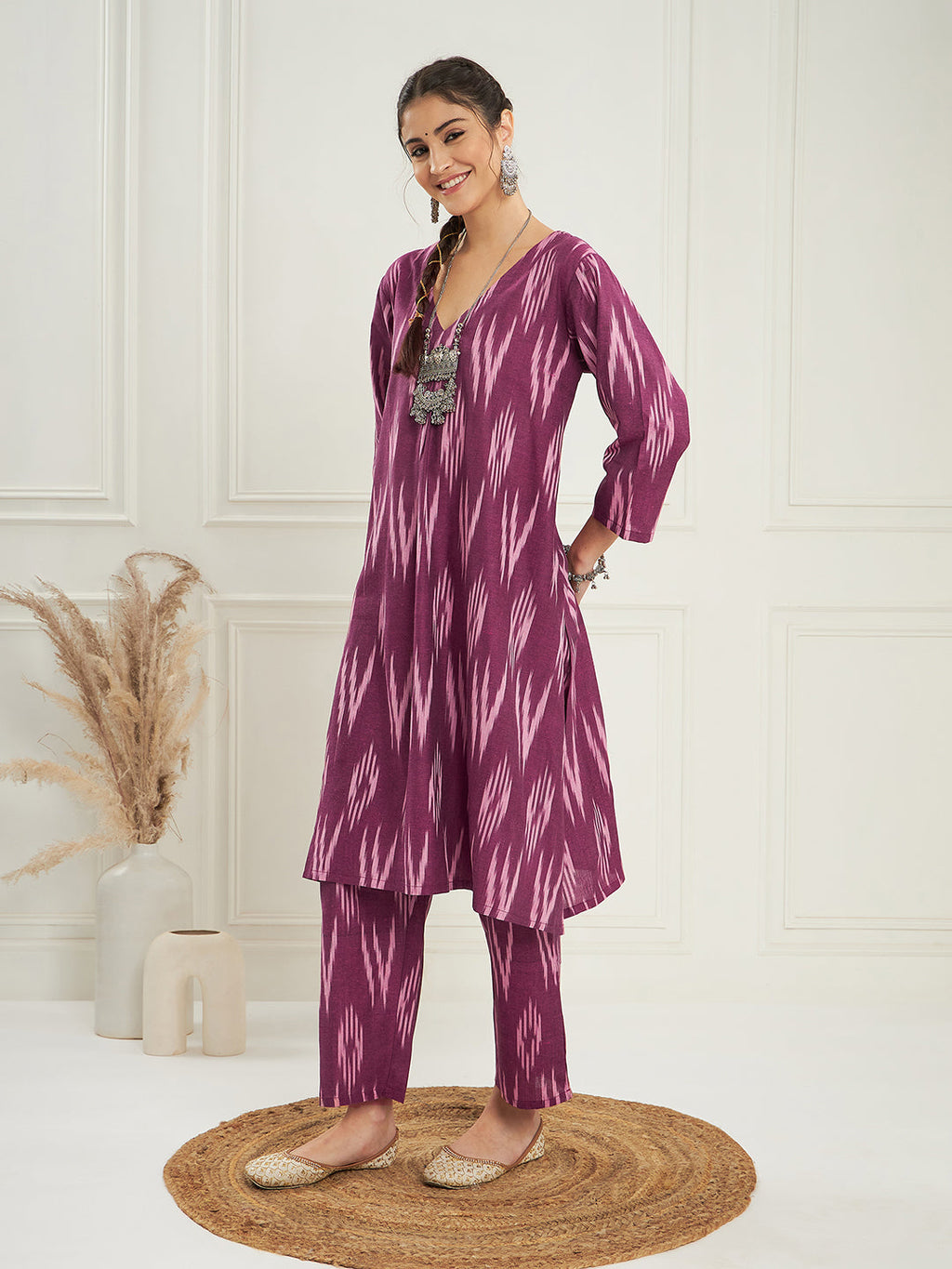 InWeave Women's Wine Ikkat Print V Neck Kurta Pant Set