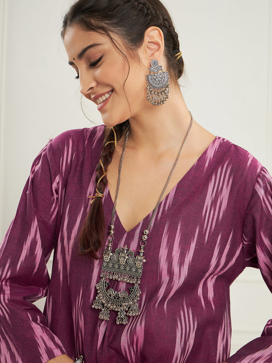 InWeave Women's Wine Ikkat Print V Neck Kurta Pant Set