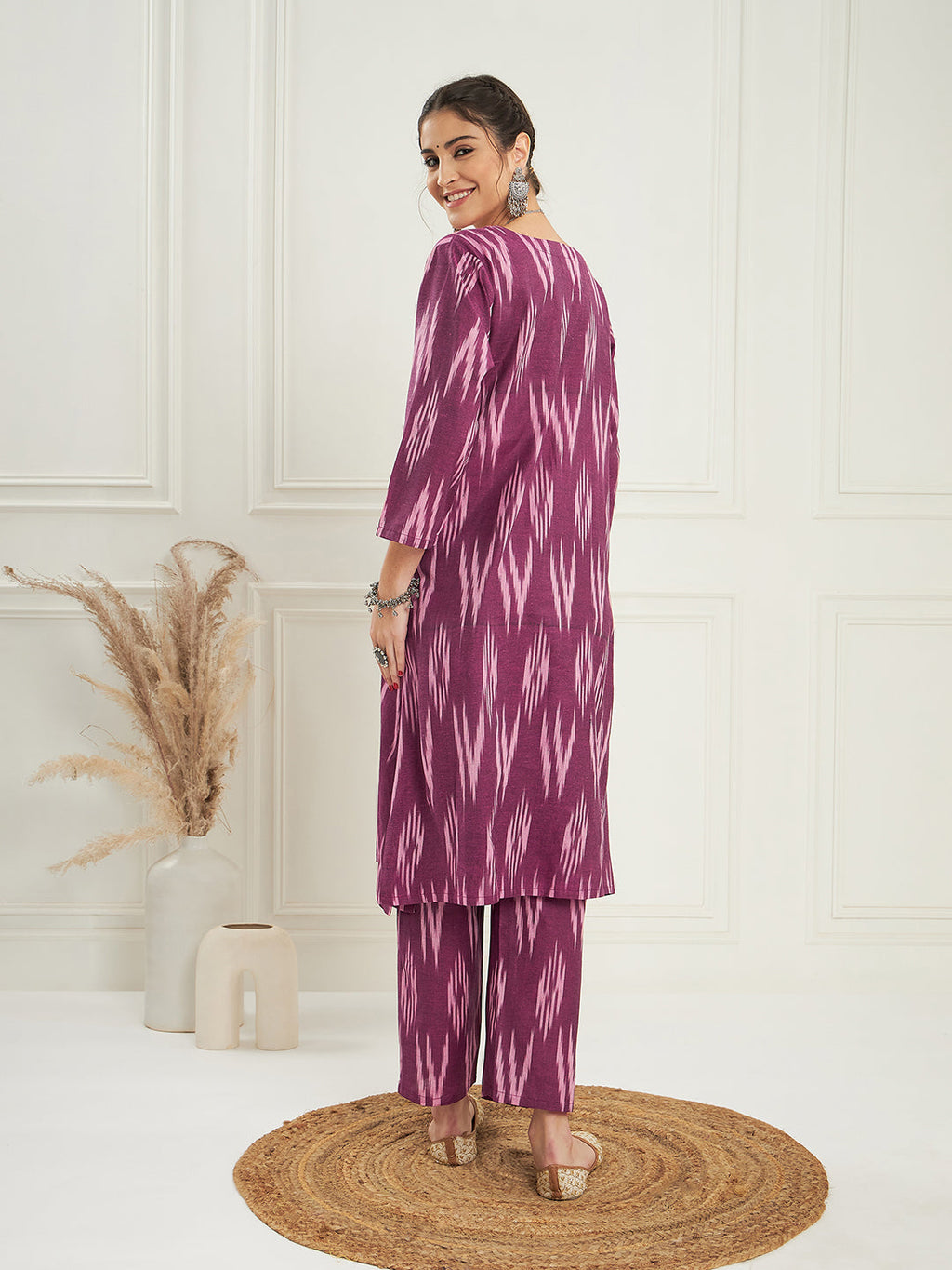 InWeave Women's Wine Ikkat Print V Neck Kurta Pant Set