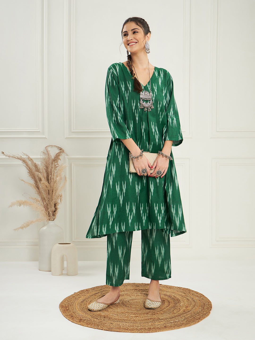 InWeave Women's Green Ikkat Print V Neck Kurta Pant Set