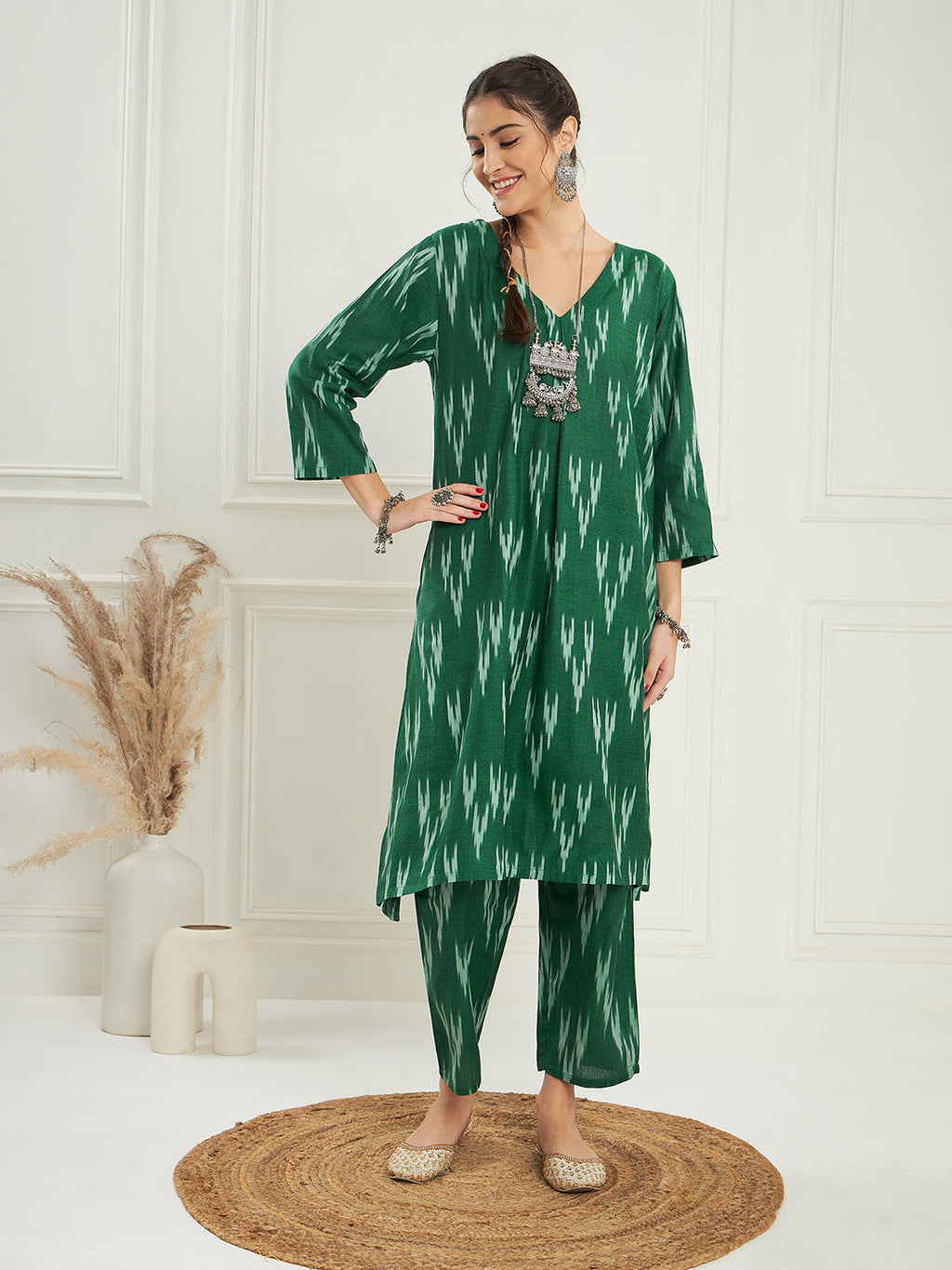 InWeave Women's Green Ikkat Print V Neck Kurta Pant Set