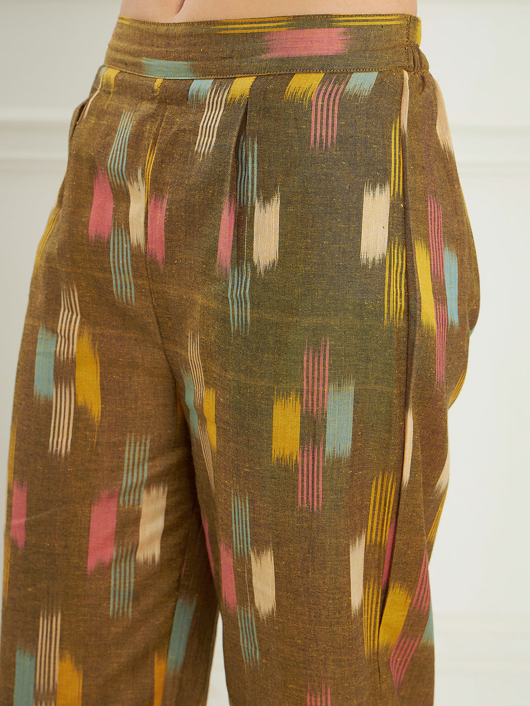 InWeave Women's Olive Ikkat Print V Neck Kurta Pant Set