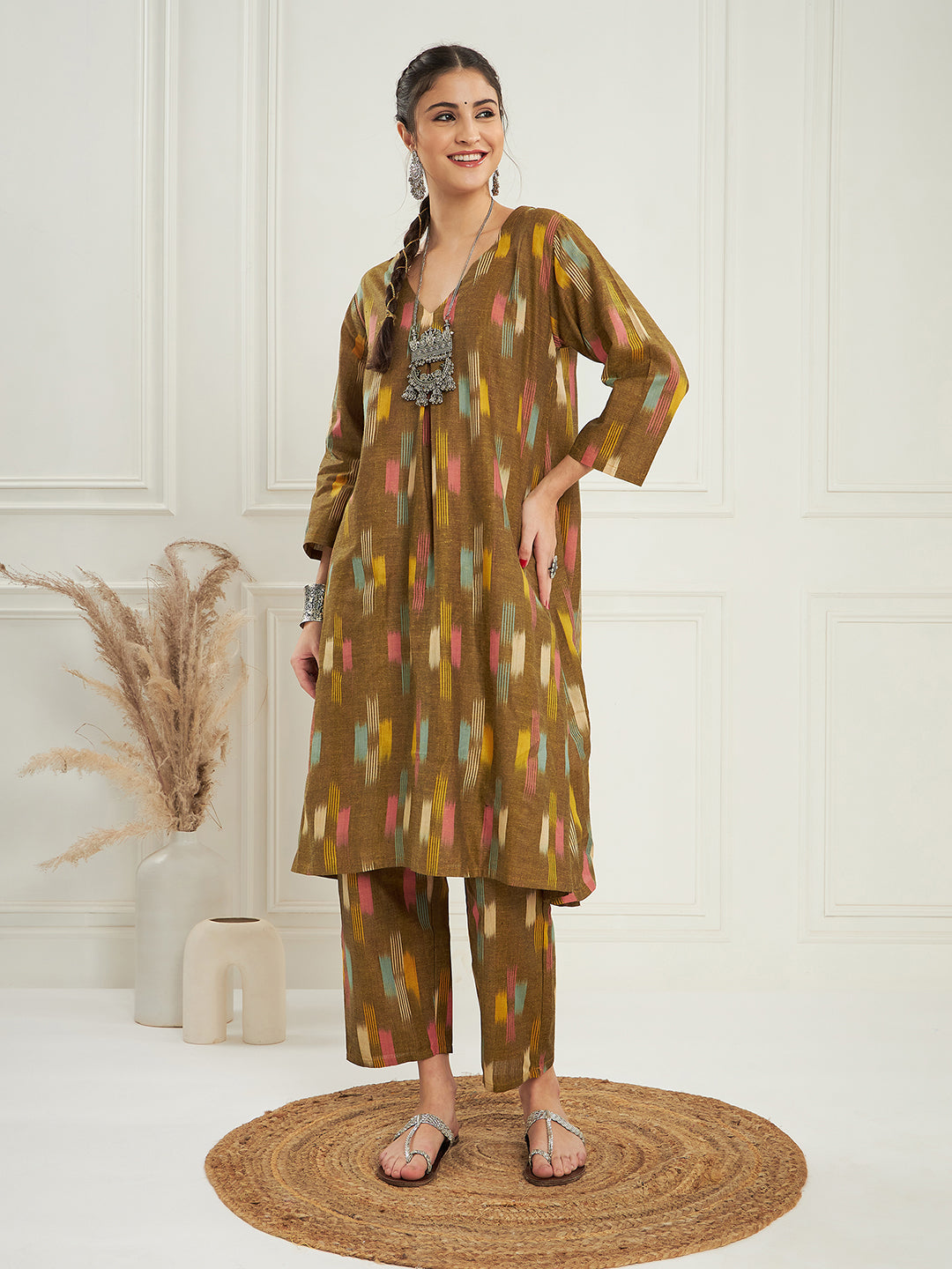 InWeave Women's Olive Ikkat Print V Neck Kurta Pant Set