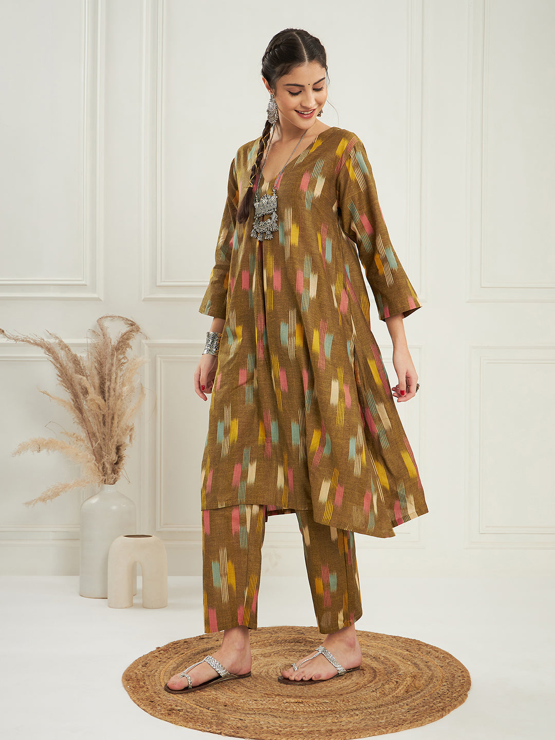 InWeave Women's Olive Ikkat Print V Neck Kurta Pant Set