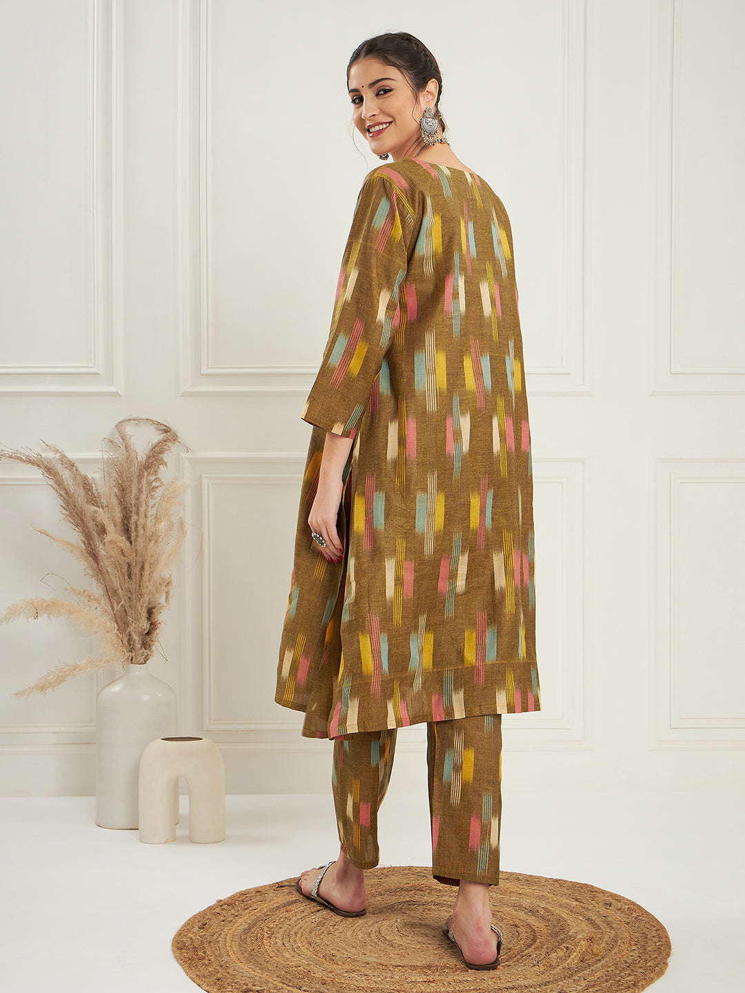 InWeave Women's Olive Ikkat Print V Neck Kurta Pant Set