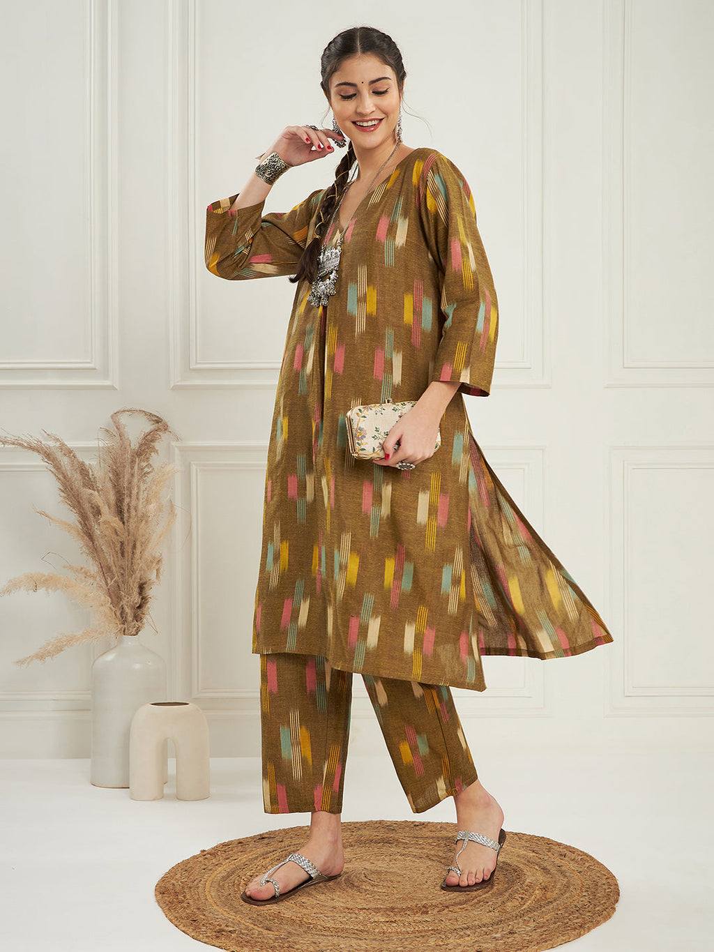 InWeave Women's Olive Ikkat Print V Neck Kurta Pant Set
