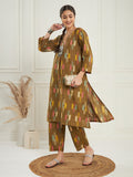 InWeave Women's Olive Ikkat Print V Neck Kurta Pant Set