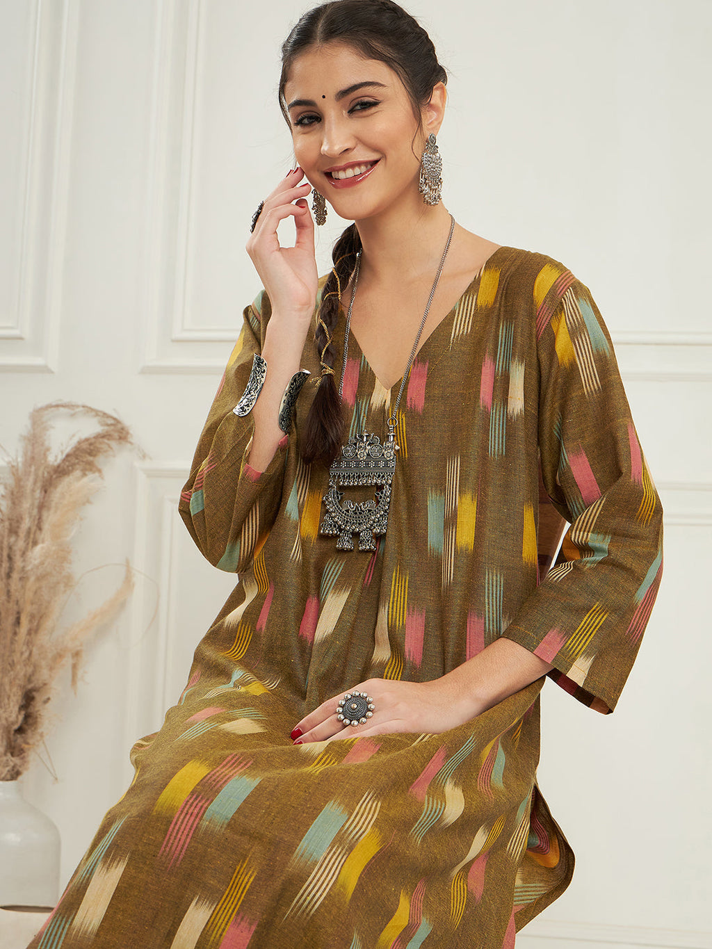InWeave Women's Olive Ikkat Print V Neck Kurta Pant Set