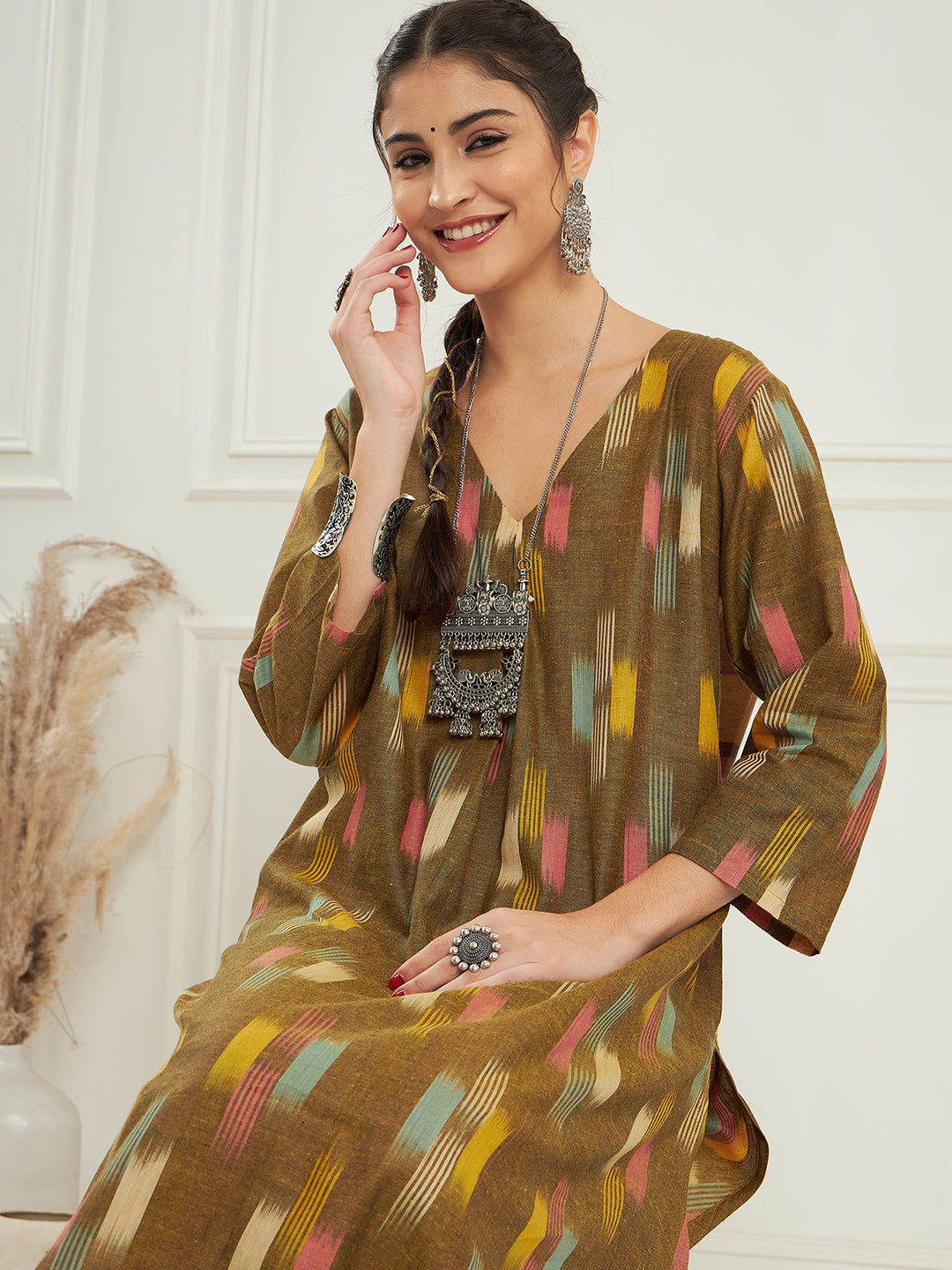 InWeave Women's Olive Ikkat Print V Neck Kurta Pant Set