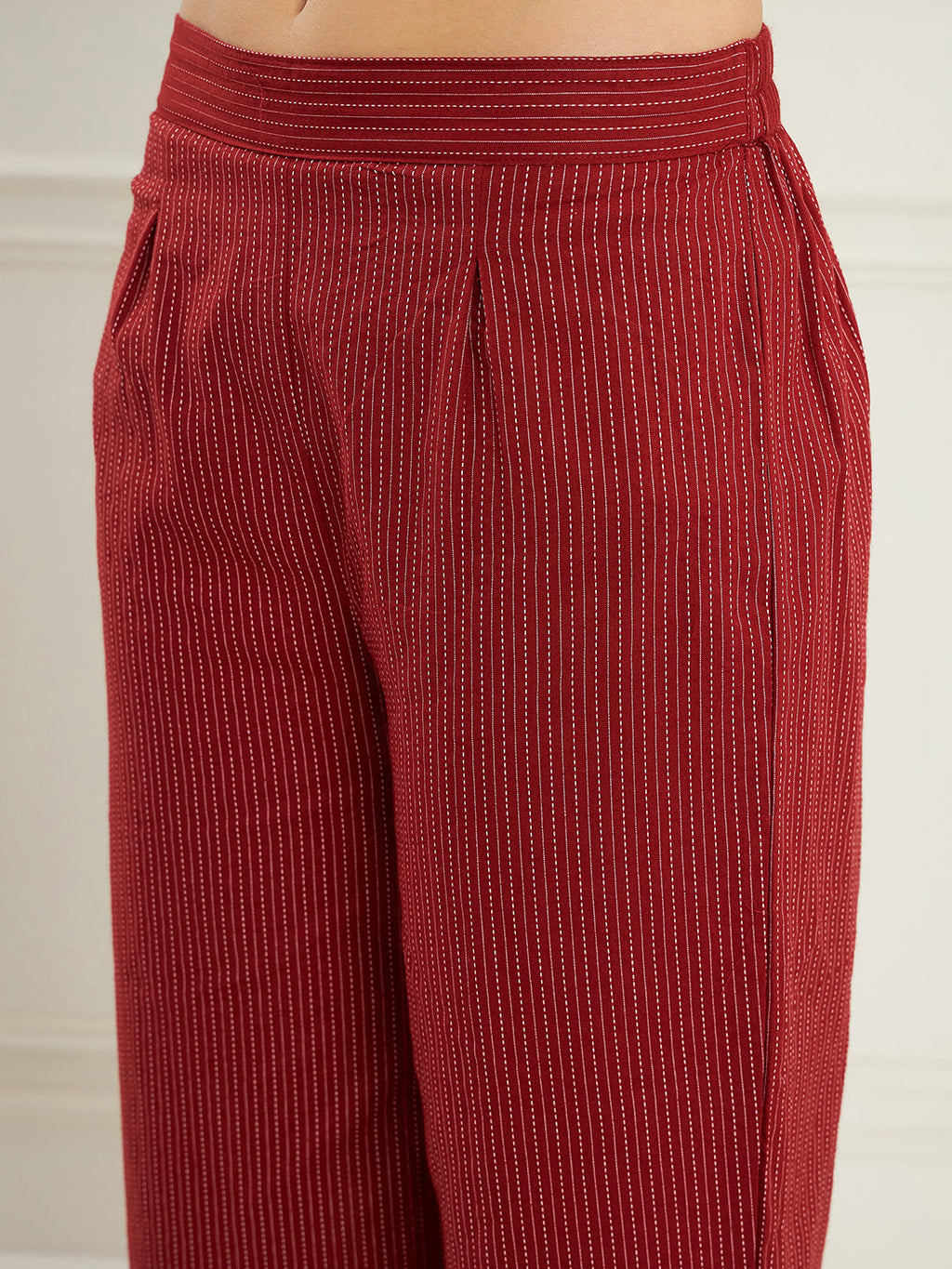 InWeave Women's Ruby Maroon Kantha V Neck Kurta Pant Set