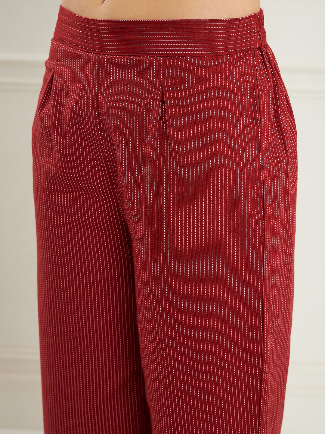 InWeave Women's Ruby Maroon Kantha V Neck Kurta Pant Set