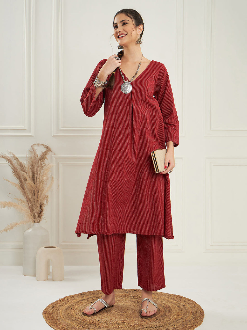 InWeave Women's Ruby Maroon Kantha V Neck Kurta Pant Set
