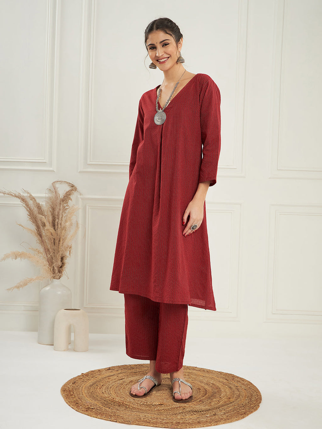 InWeave Women's Ruby Maroon Kantha V Neck Kurta Pant Set